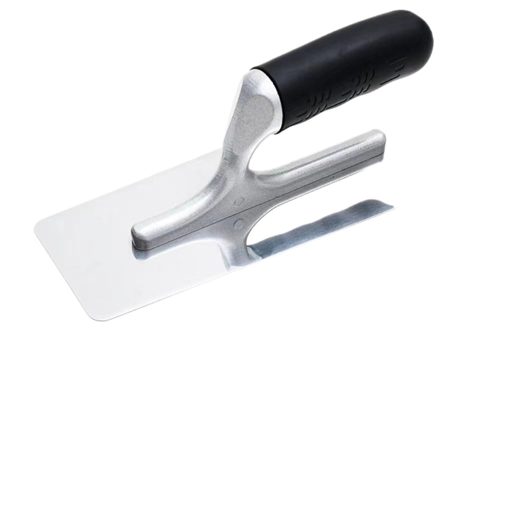 Metal trowel with black handle on a white background