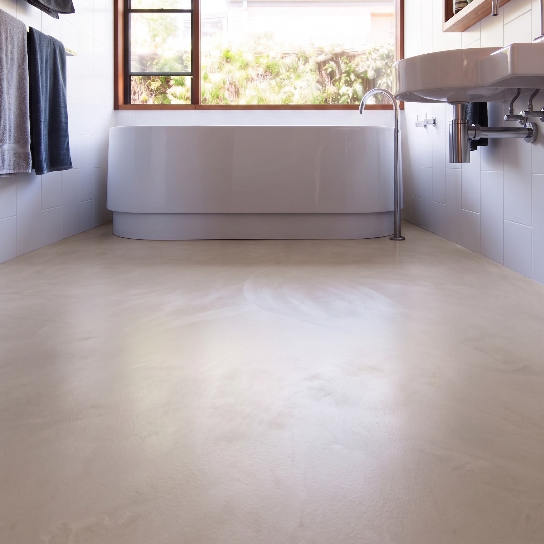 Low angle view of a smooth matt microcement bathroom floor leading to a freestanding bath